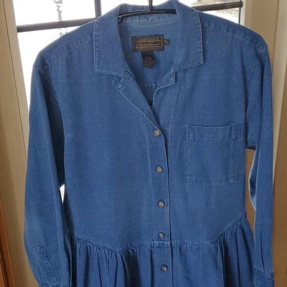 Eddie Bauer Blue Jean Dotted Pocketed‎ Button Down LS Sz M Dress - Picture 3 of 13